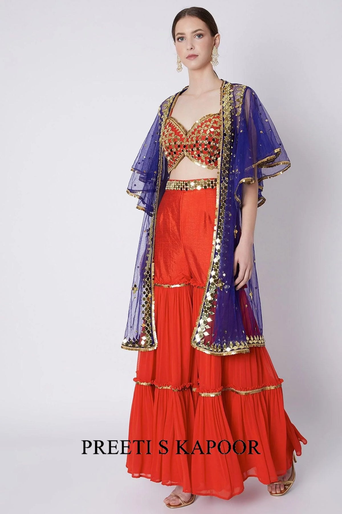 Red & Blue Embroidered Gharara Set - Preeti S Kapoor