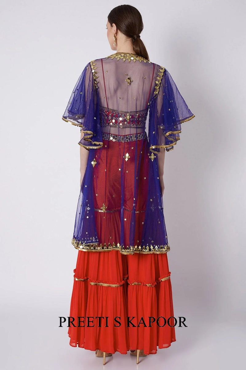 Red & Blue Embroidered Gharara Set - Preeti S Kapoor