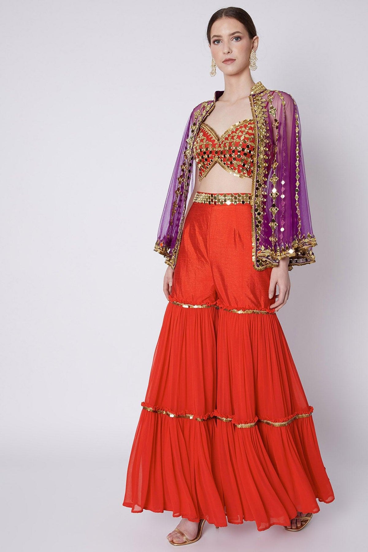 Red & Mauve Embroidered Gharara Set - Preeti s kapoor