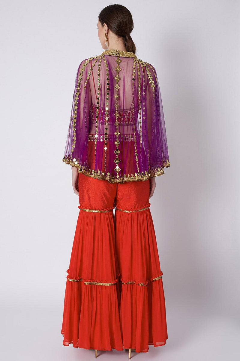 Red & Mauve Embroidered Gharara Set - Preeti s kapoor