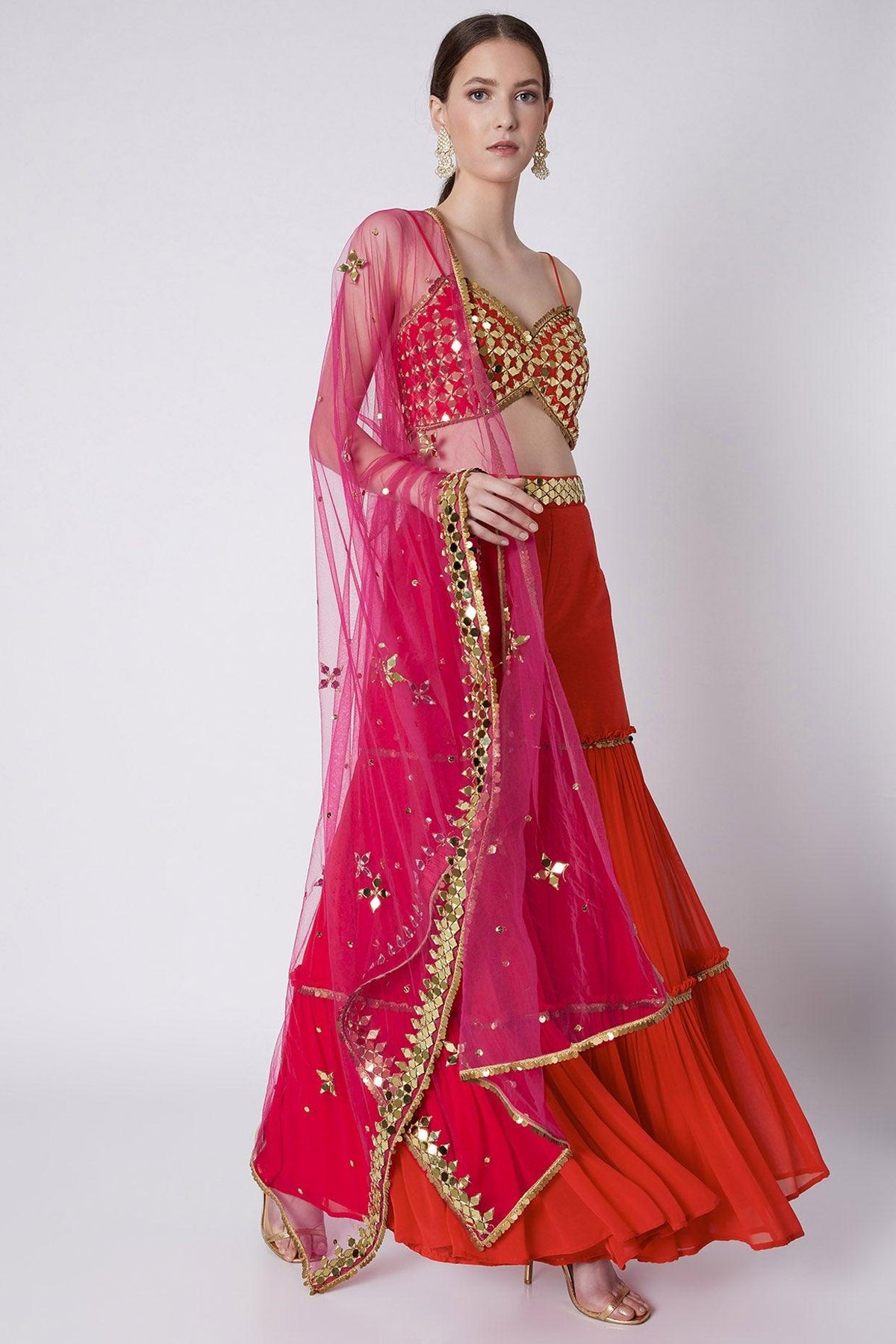 Red & Fuchsia Embroidered Gharara Set - Preeti s kapoor