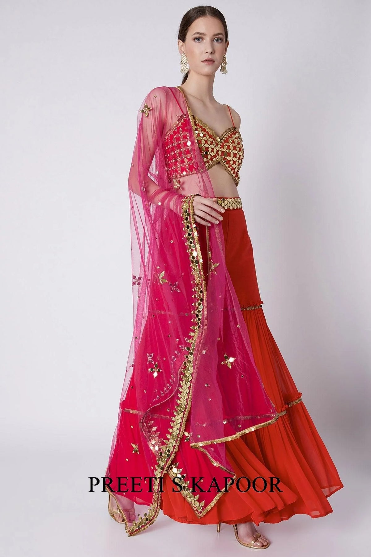 Red & Fuchsia Embroidered Gharara Set - Preeti S Kapoor