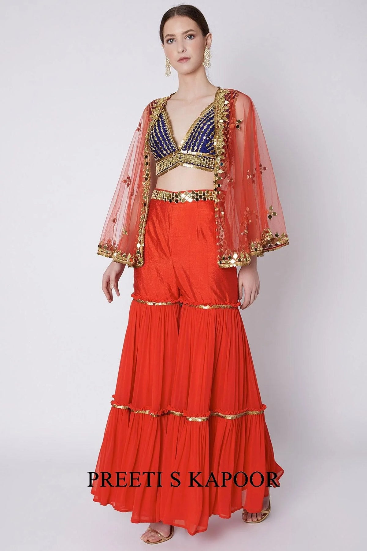 Blue & Red Mirrors Embroidered Gharara Set - Preet S Kapoor