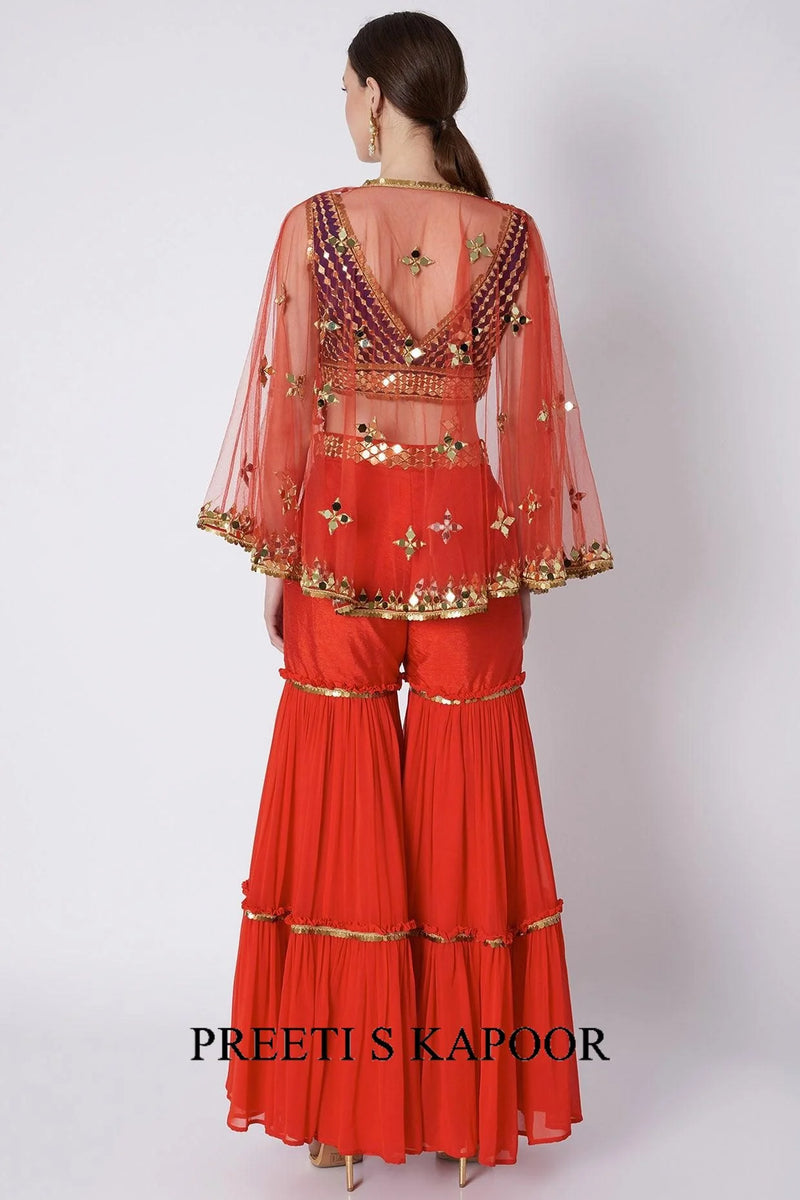Blue & Red Mirrors Embroidered Gharara Set - Preet S Kapoor