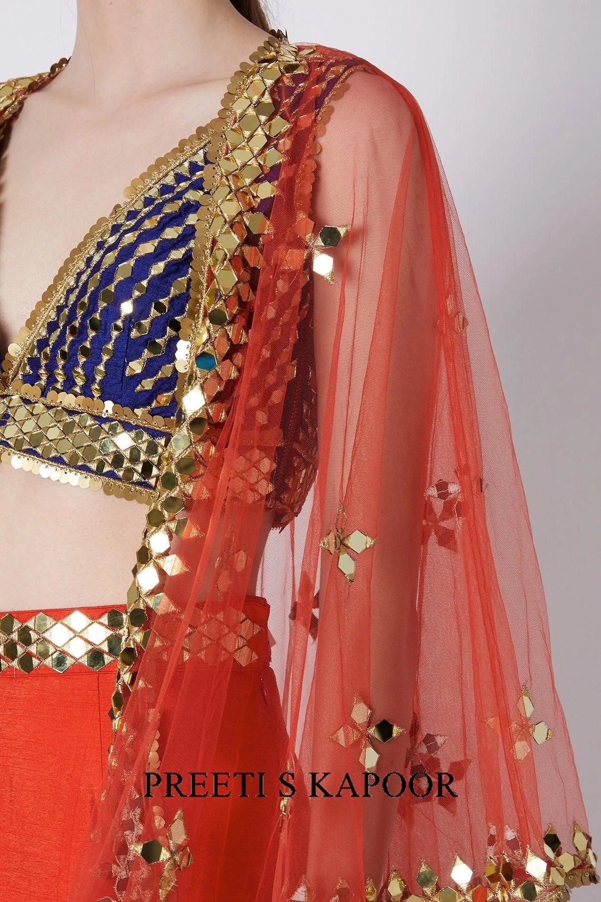 Blue & Red Mirrors Embroidered Gharara Set - Preet S Kapoor