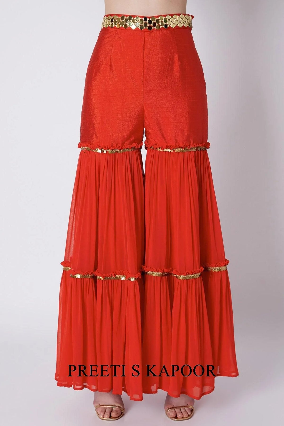 Blue & Red Mirrors Embroidered Gharara Set - Preet S Kapoor