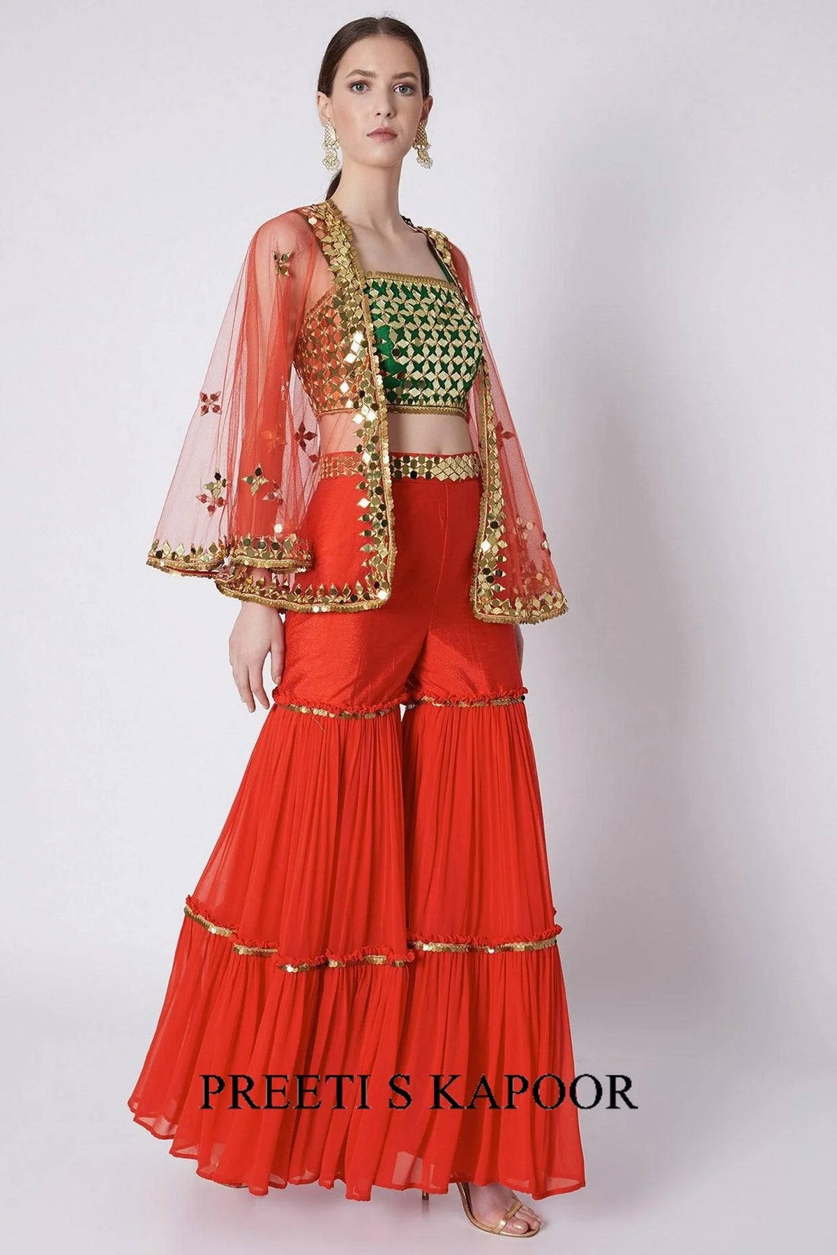 Green & Red Mirrors Embroidered Gharara Set - Preeti S Kapoor