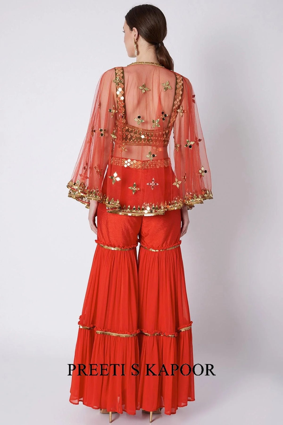 Green & Red Mirrors Embroidered Gharara Set - Preeti S Kapoor