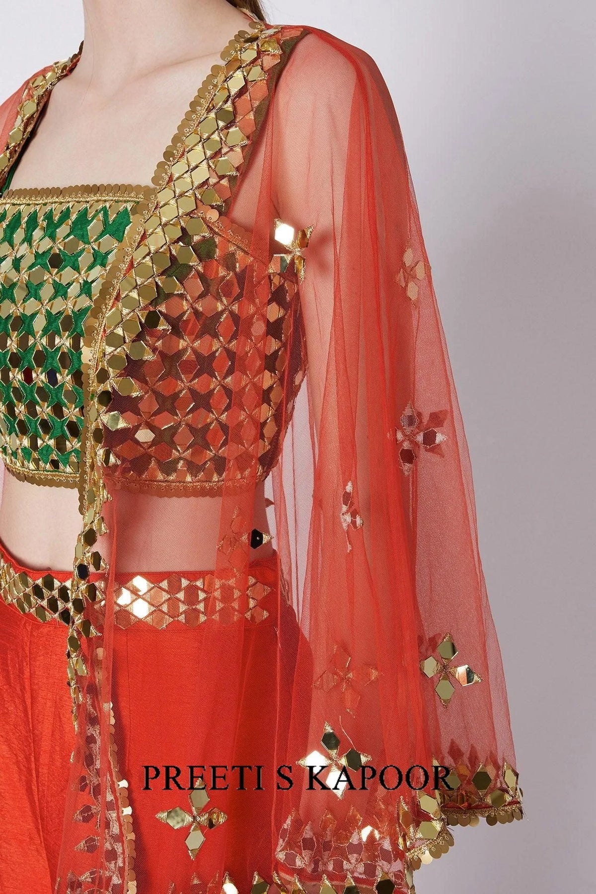 Green & Red Mirrors Embroidered Gharara Set - Preeti S Kapoor