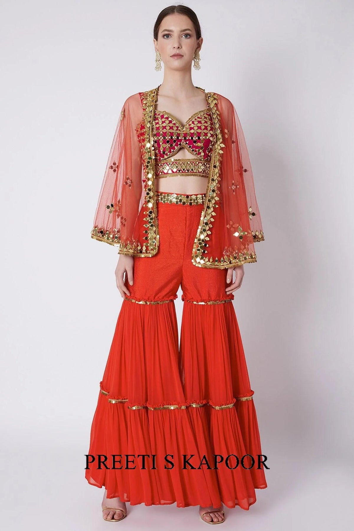 Red Mirrors Embroidered Gharara Set - Preeti S Kapoor