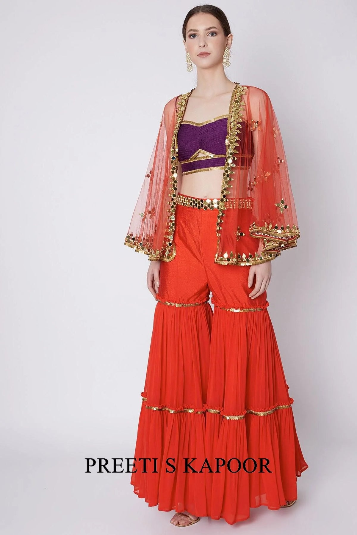 Deep Mauve & Red Embroidered Gharara Set - Preeti S Kapoor