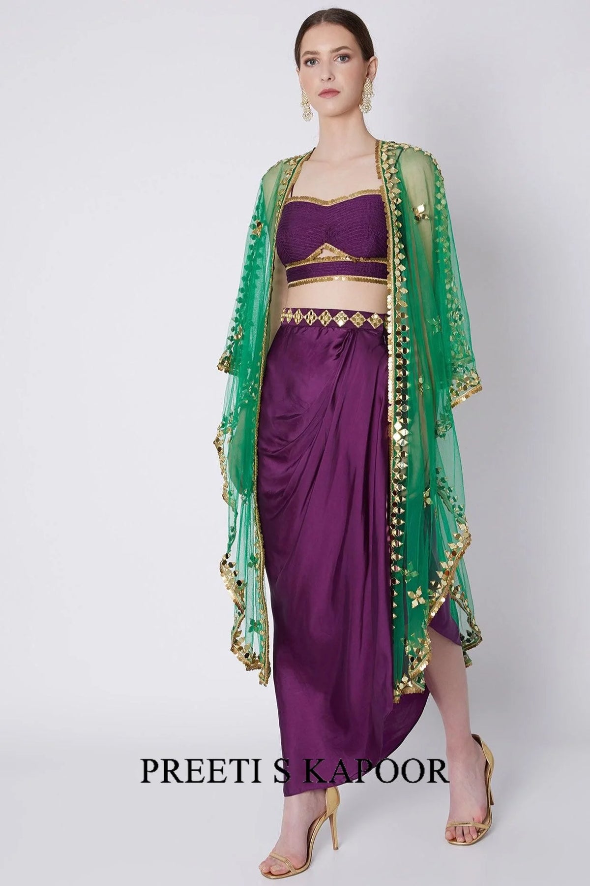 Purple & Green Embroidered Skirt Set - Preeti S Kapoor