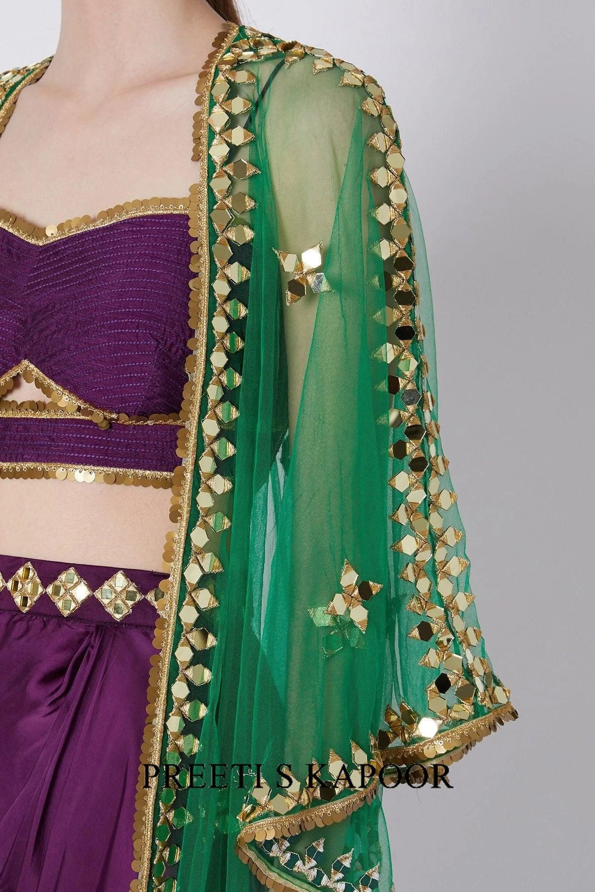 Purple & Green Embroidered Skirt Set - Preeti S Kapoor