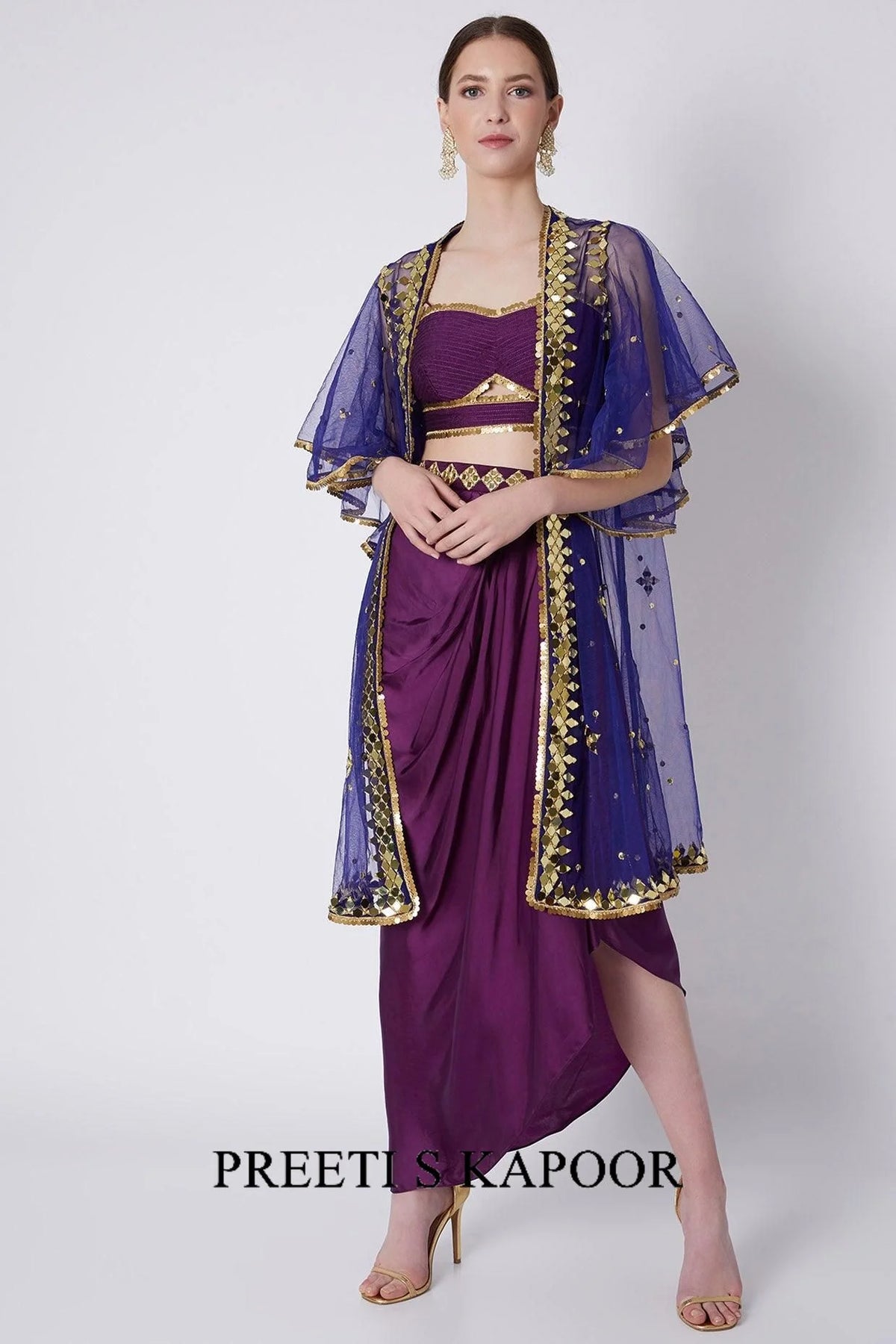 Purple & Blue Embroidered Skirt Set - Preeti S Kapoor