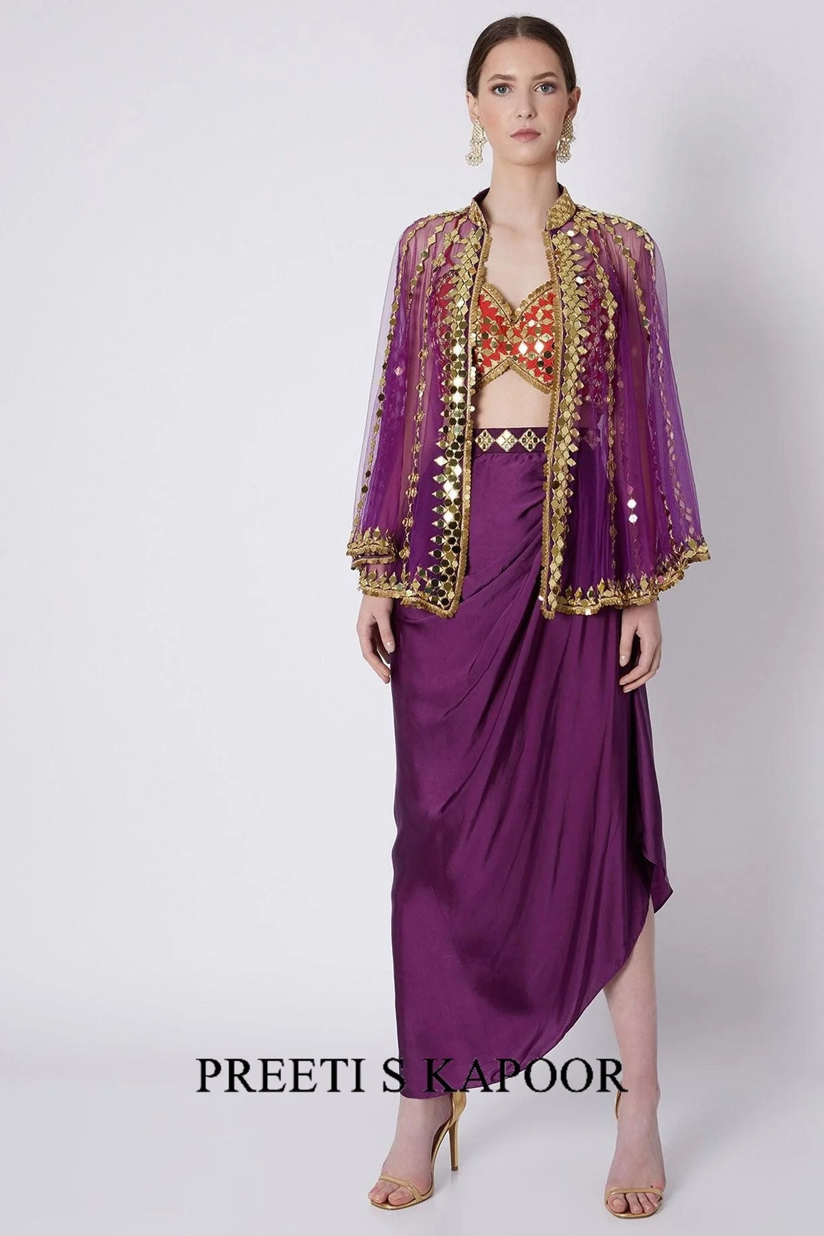 Red & Purple Embroidered Skirt Set - Preeti S Kapoor