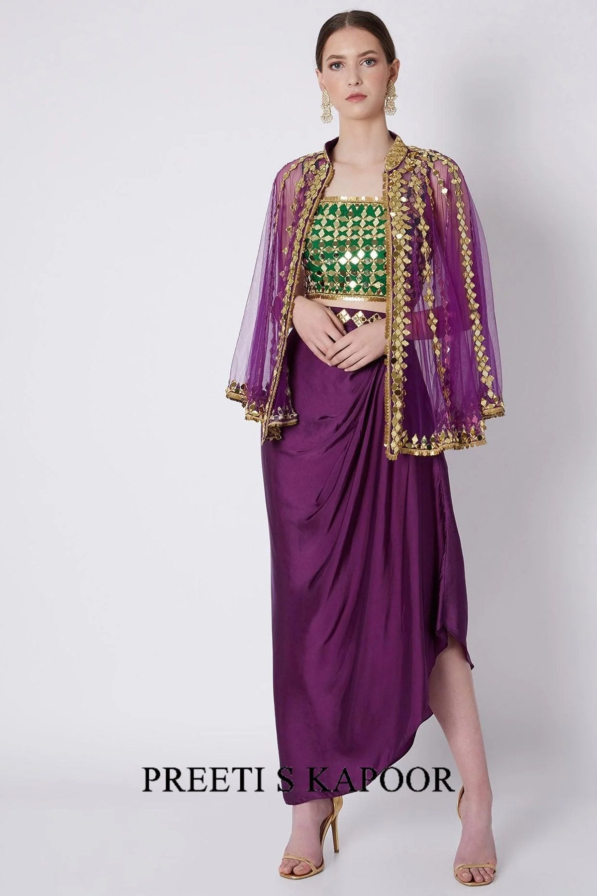 Green & Purple Embroidered Skirt Set - Preeti S Kapoor