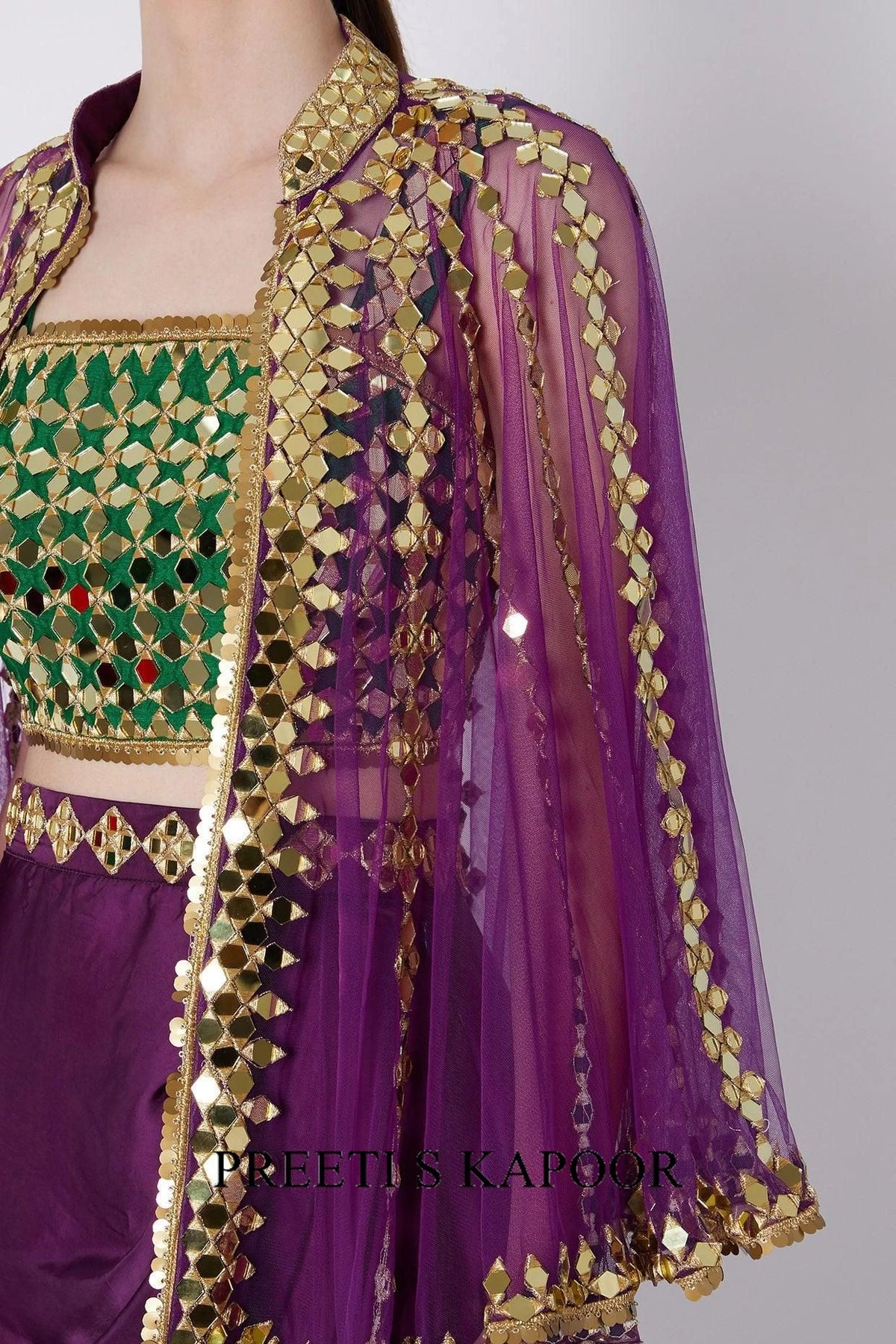 Green & Purple Embroidered Skirt Set - Preeti S Kapoor