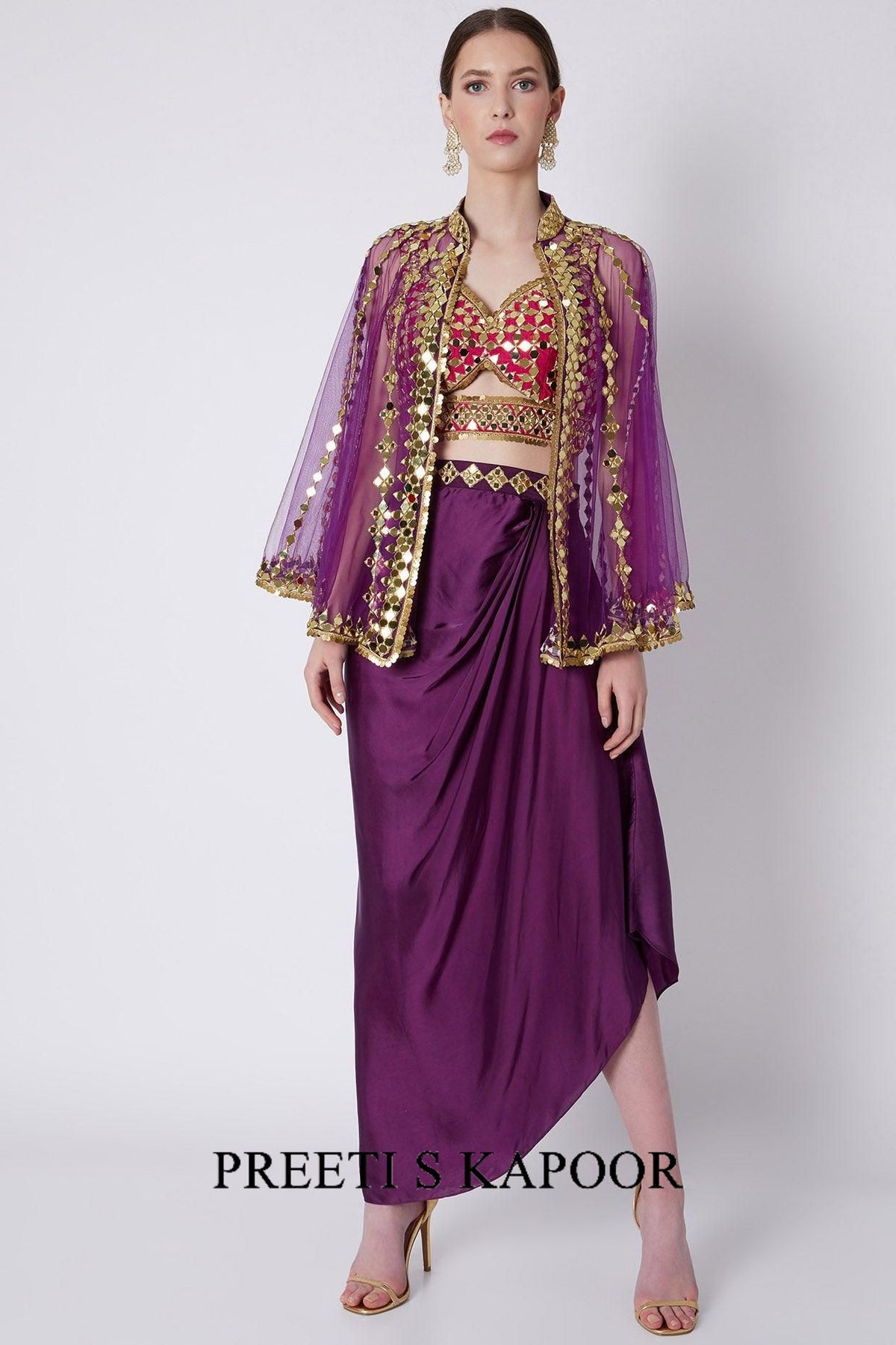 Purple & Red Mirrors Embroidered Skirt Set - Preeti s kapoor