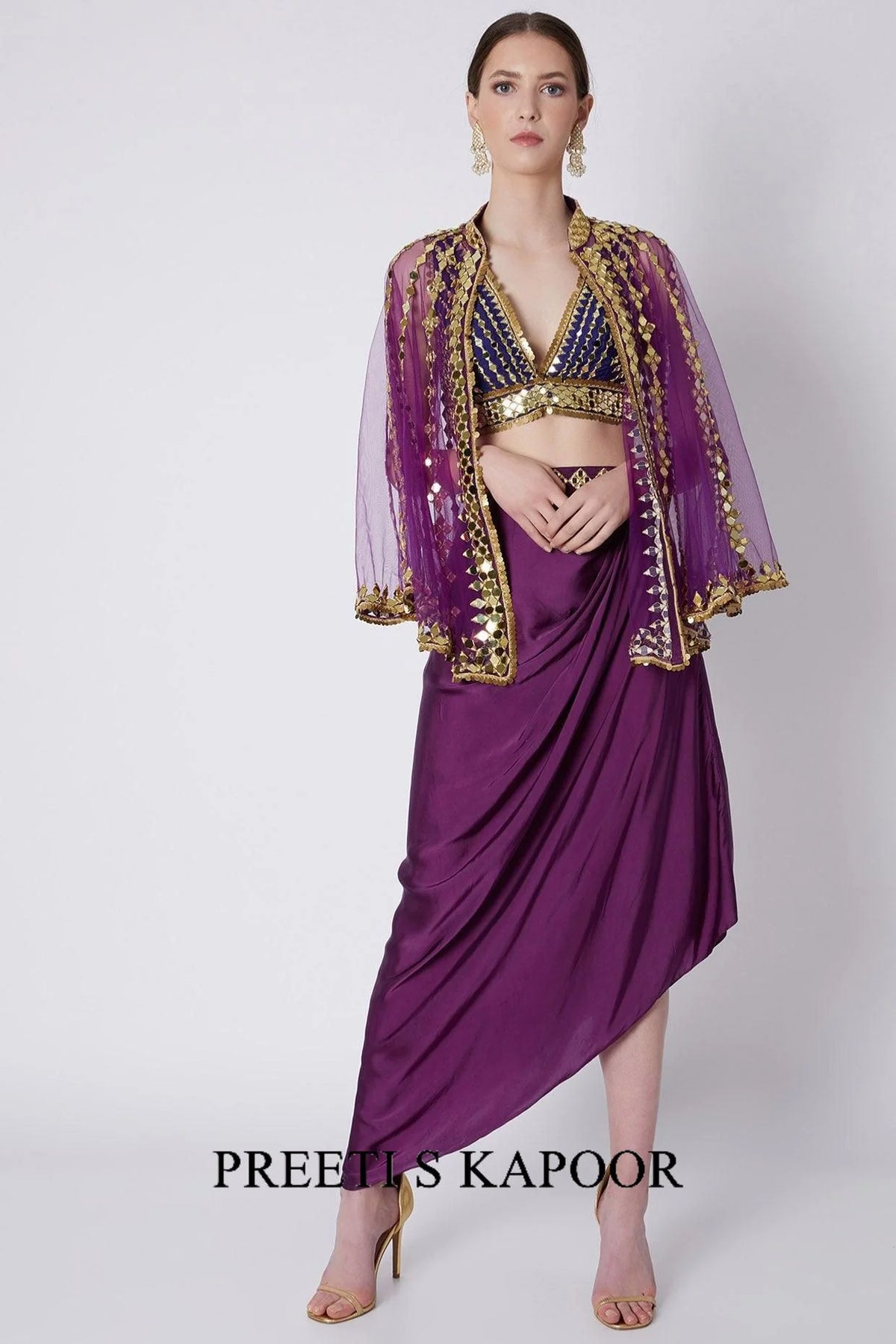 Purple & Blue Mirrors Embroidered Skirt Set - Preeti S Kapoor