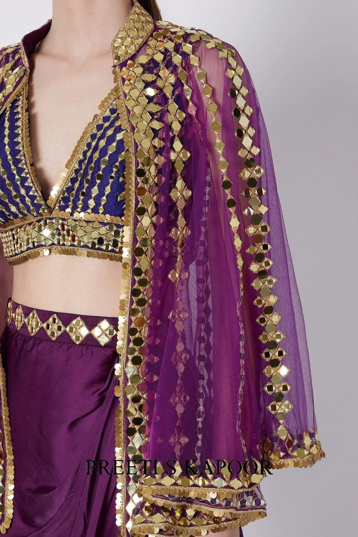 Purple & Blue Mirrors Embroidered Skirt Set - Preeti S Kapoor