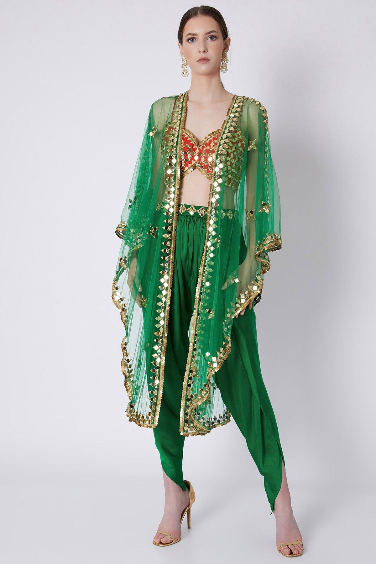 Green & Red Mirrors Embroidered Dhoti Set - Preeti s kapoor