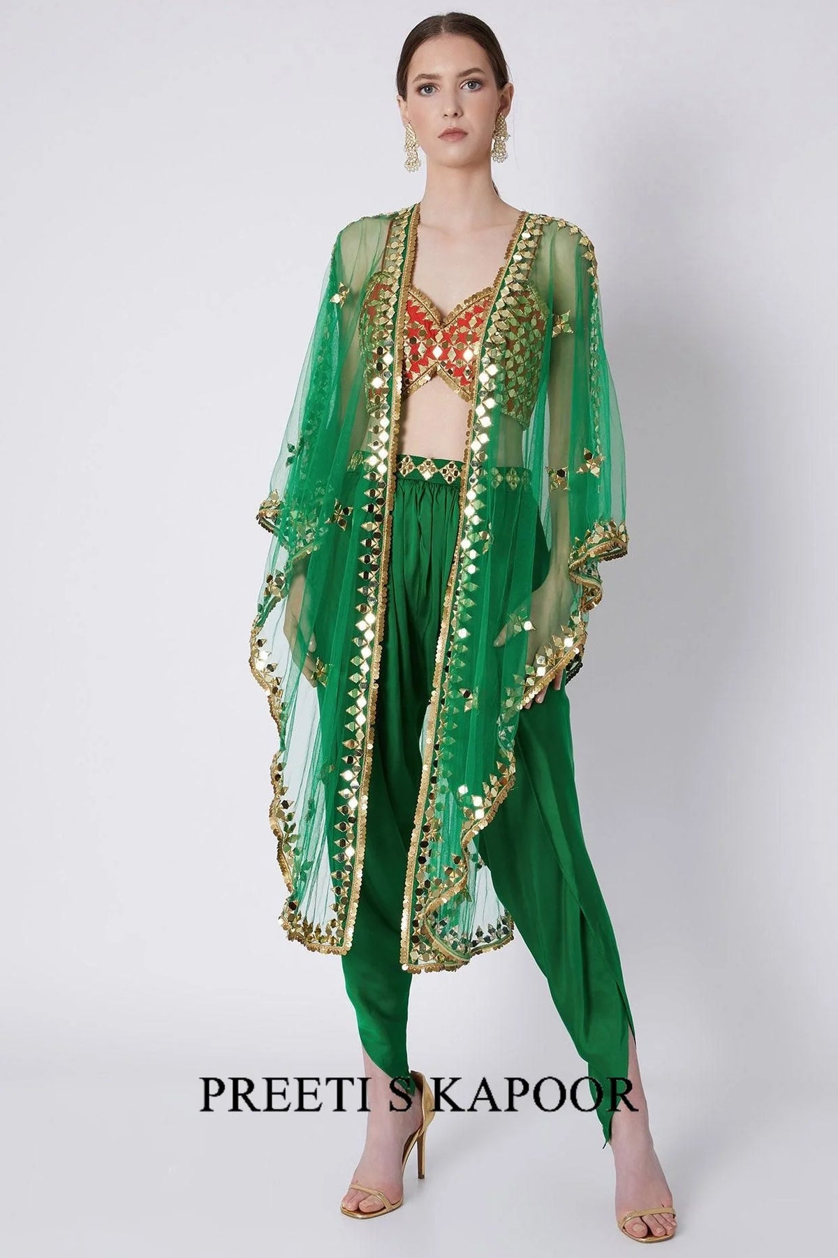 Green & Red Mirrors Embroidered Dhoti Set