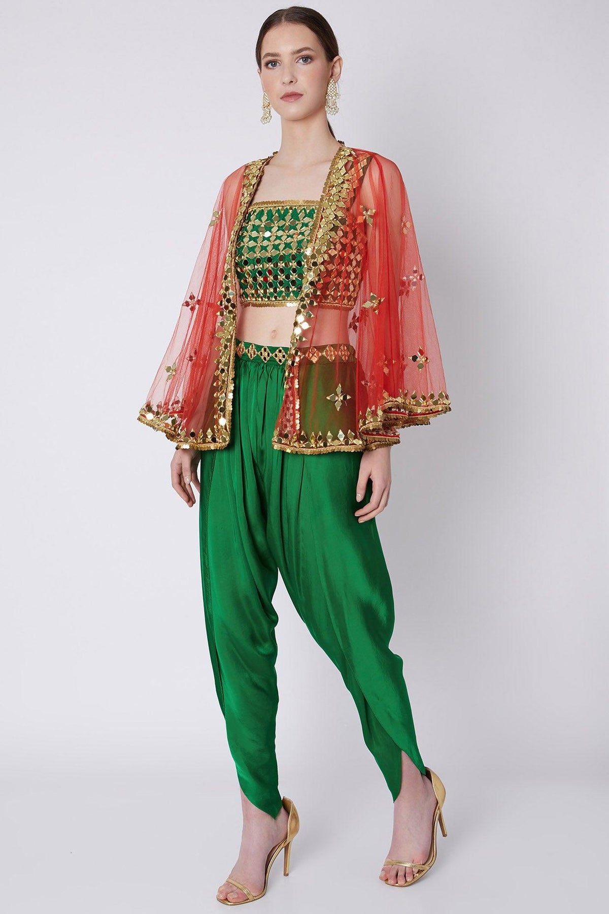 Green & Red Embroidered Dhoti Set - Preeti s kapoor