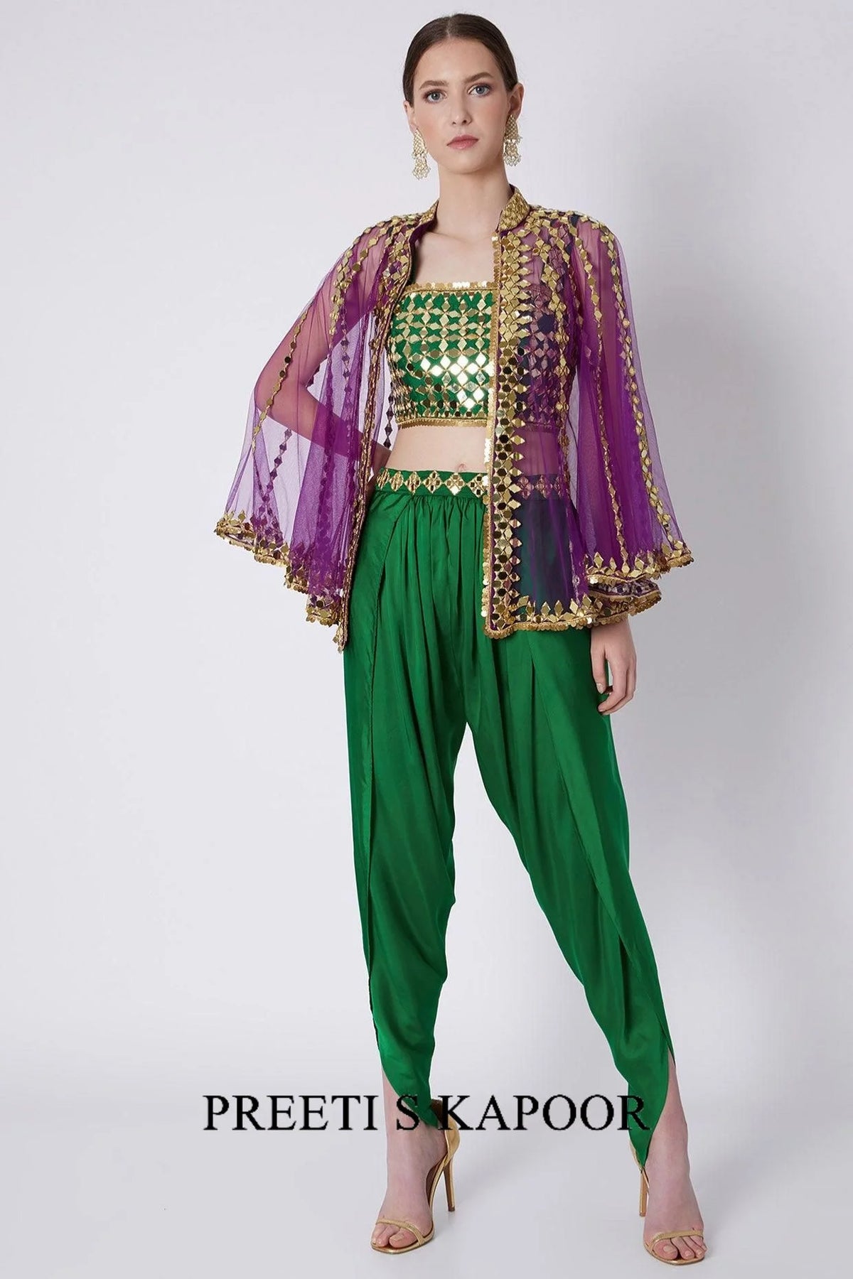 Green & Purple Gold Embroidered Dhoti Set - Preeti S Kapoor