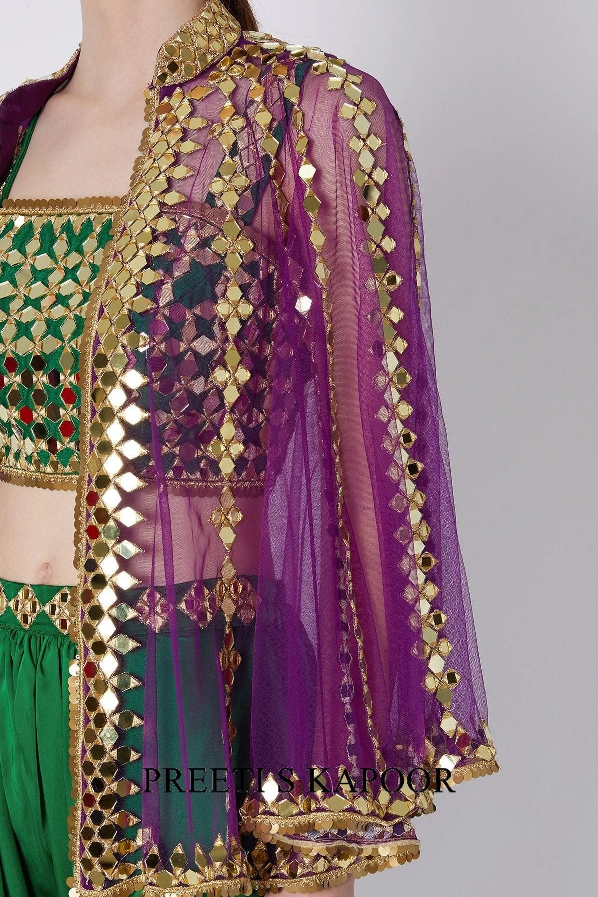Green & Purple Gold Embroidered Dhoti Set - Preeti S Kapoor