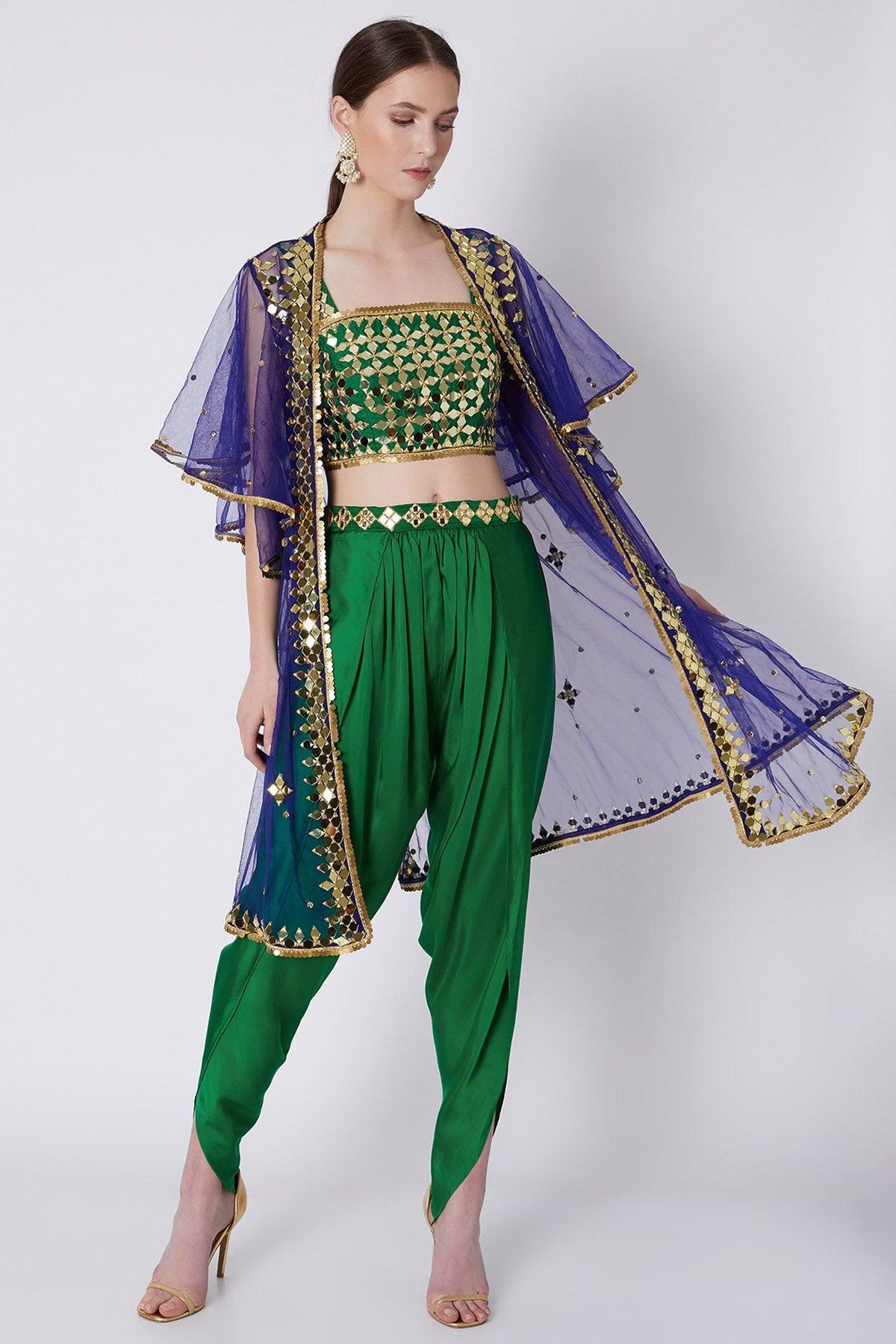 Green & Blue Mirrors Embroidered Dhoti Set - Preeti s kapoor