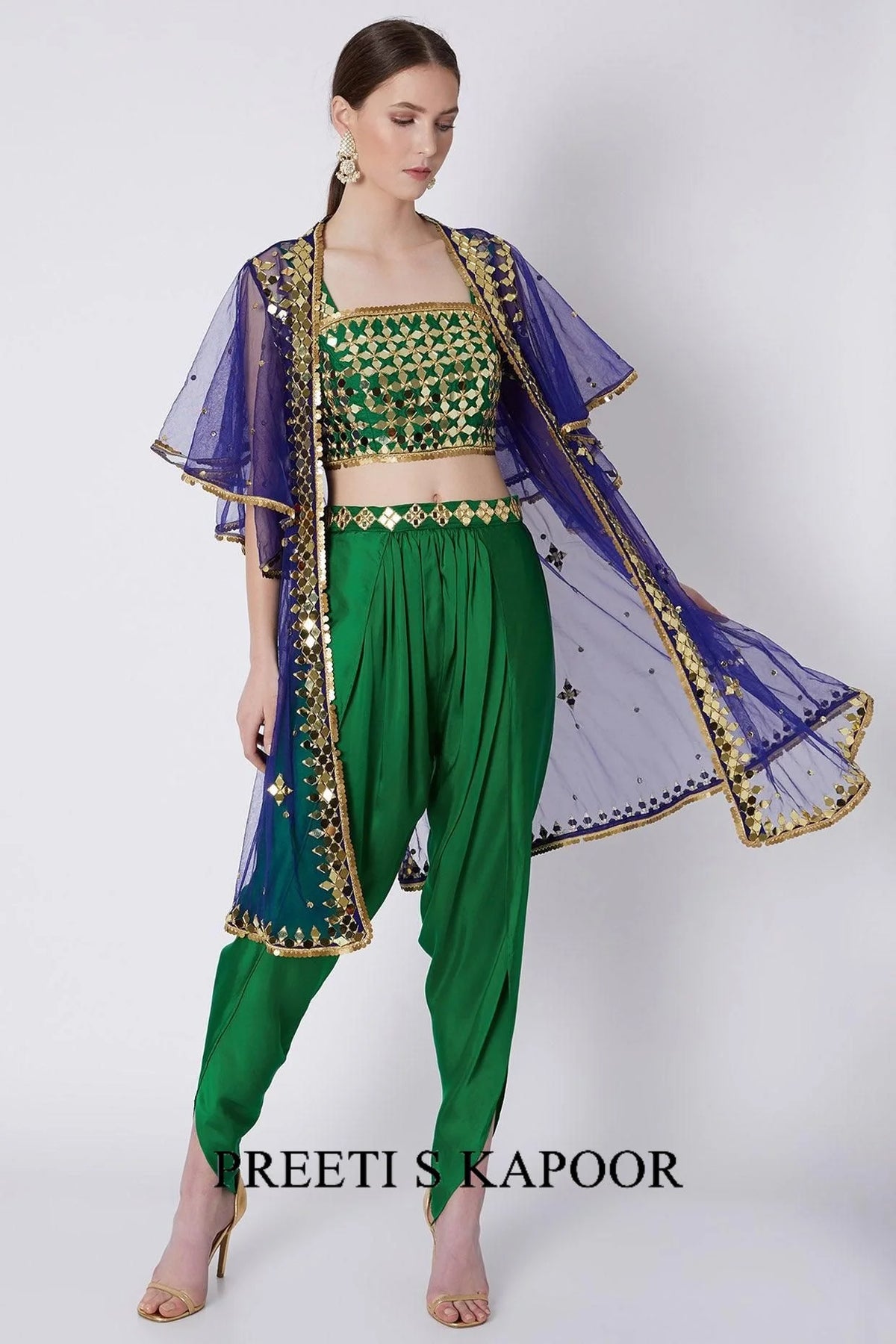 Green & Blue Mirrors Embroidered Dhoti Set - Preeti S Kapoor