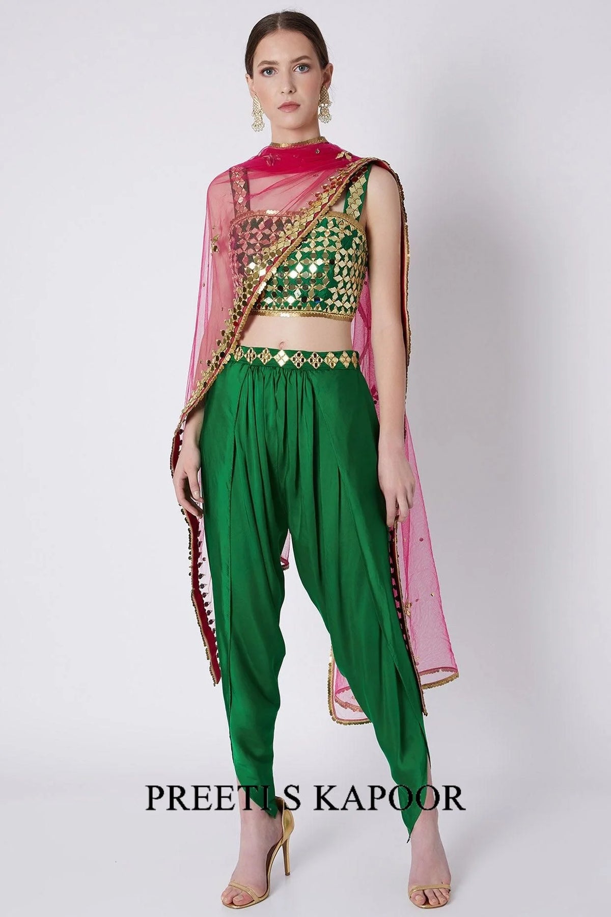 Green & Fuchsia Embroidered Dhoti Set - Preeti S Kapoor