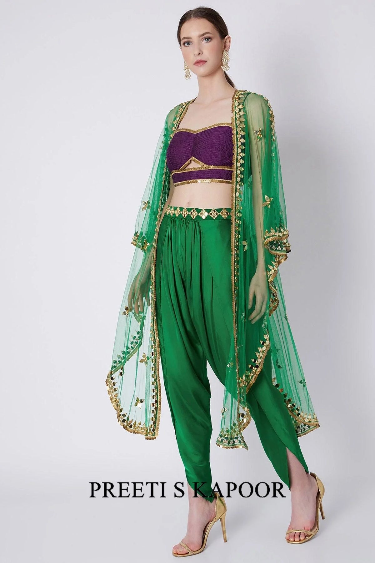 Green & Purple Embroidered Dhoti Set - Preeti S Kapoor