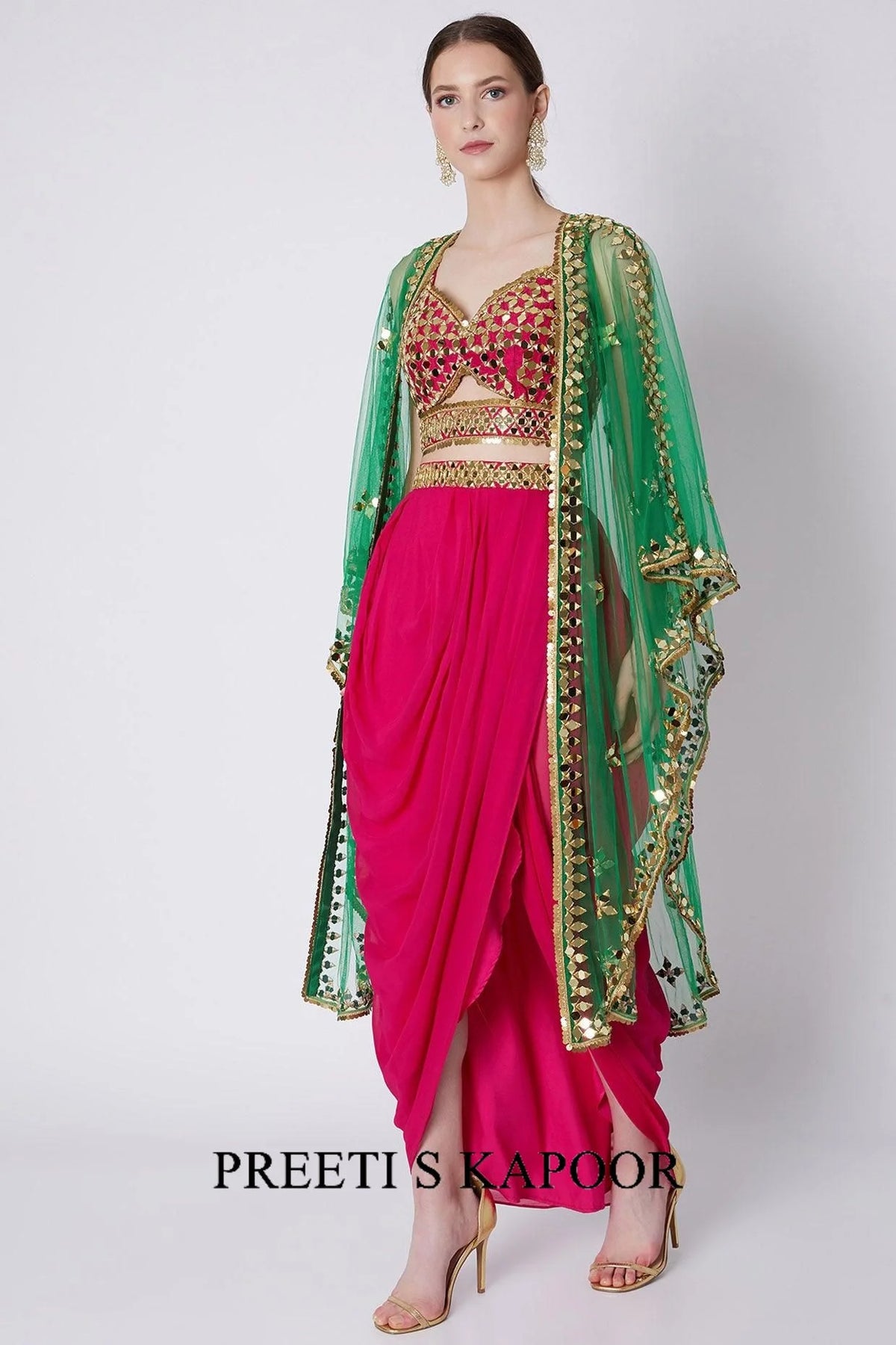 Red & Green Embroidered Skirt Set - Preeti S Kapoor