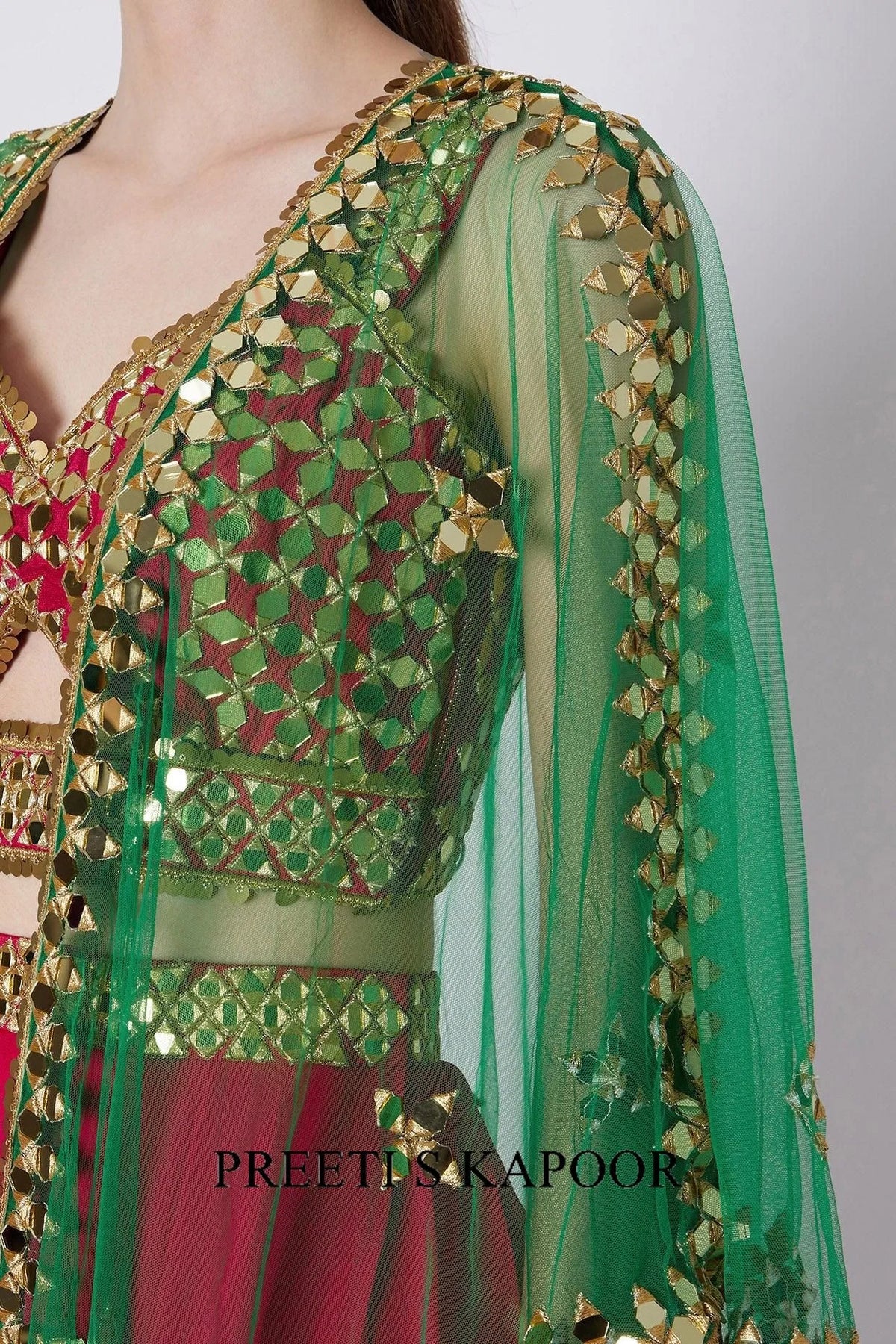 Red & Green Embroidered Skirt Set - Preeti S Kapoor