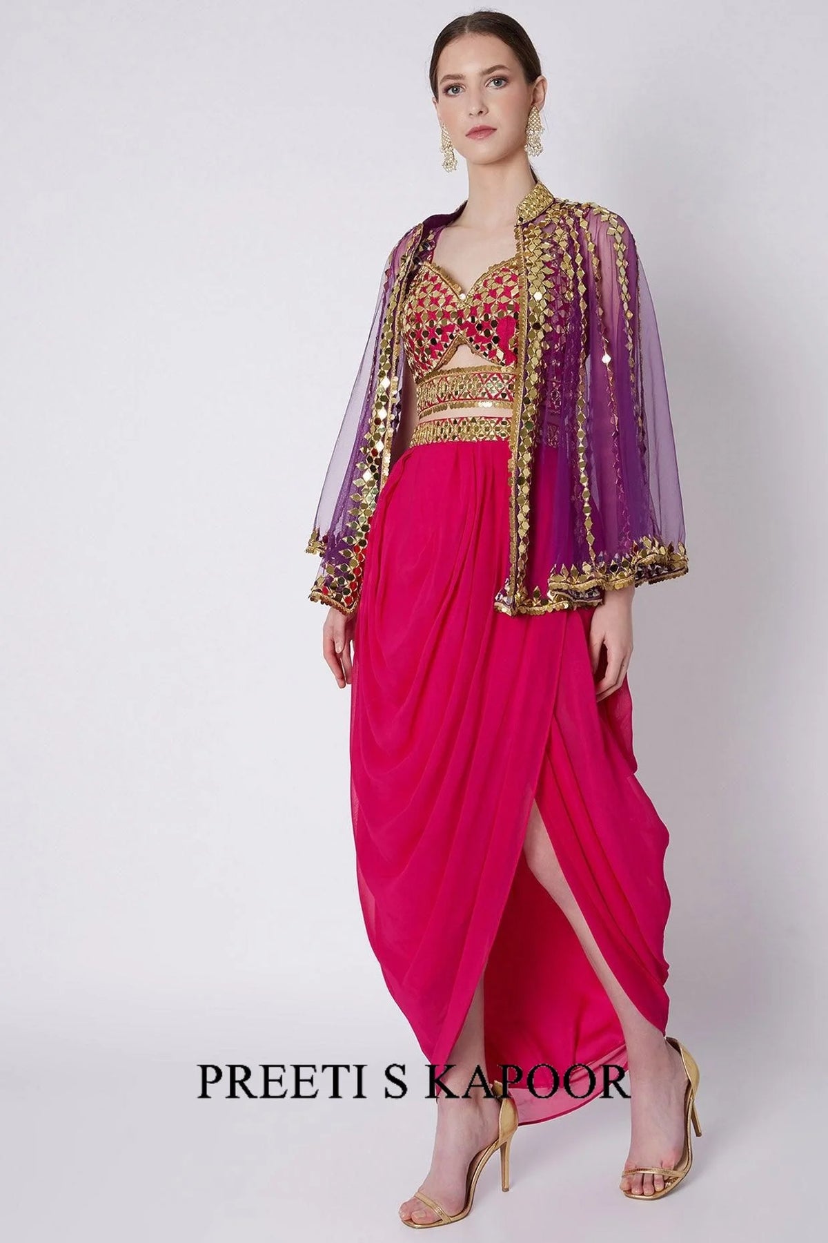 Fuchsia & Blue Gold Embroidered Skirt Set - Preeti S Kapoor