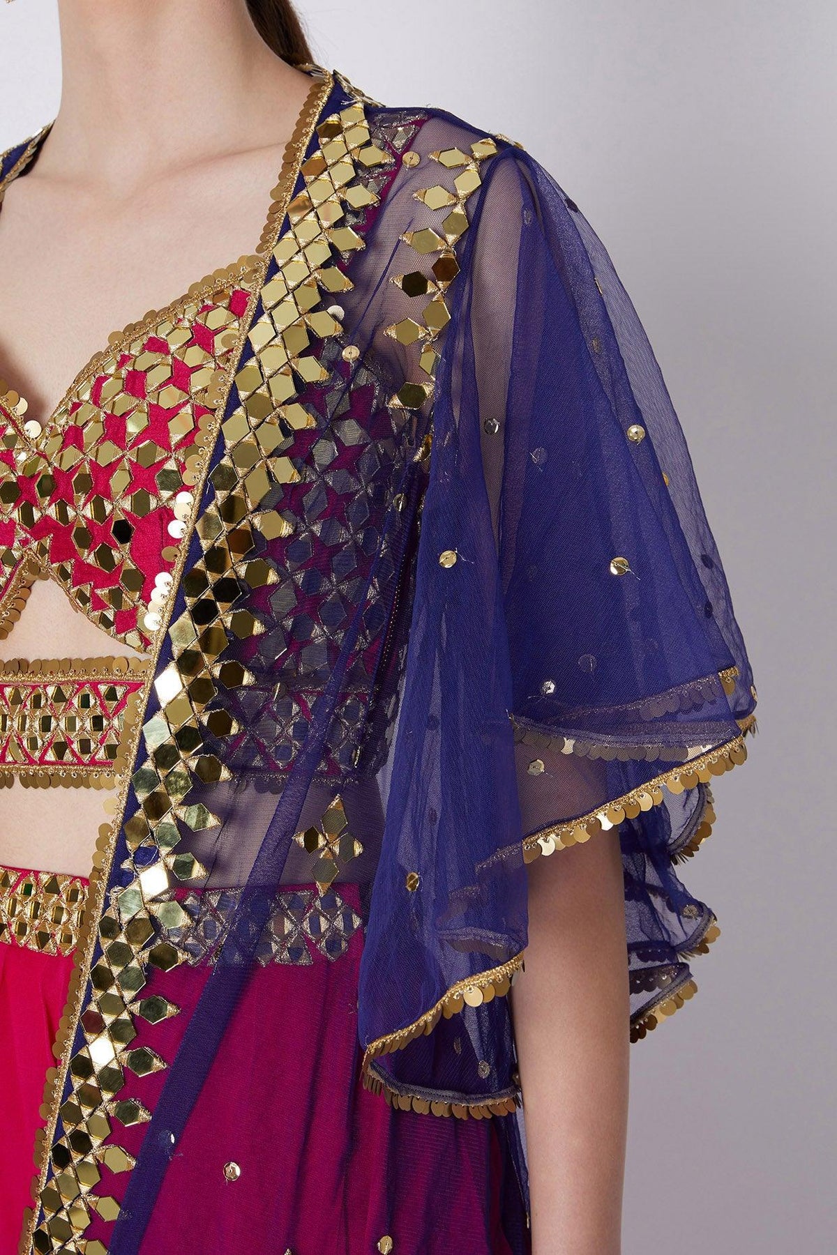 Fuchsia & Blue Mirrors Embroidered Skirt Set - Preeti s kapoor