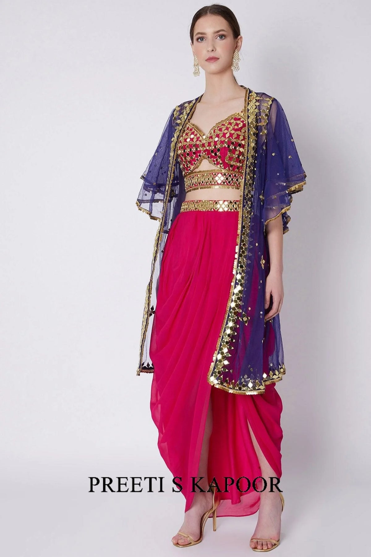 Fuchsia & Blue Mirrors Embroidered Skirt Set - Preeti S Kapoor