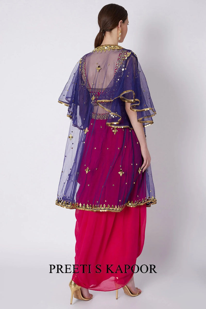 Fuchsia & Blue Mirrors Embroidered Skirt Set - Preeti S Kapoor