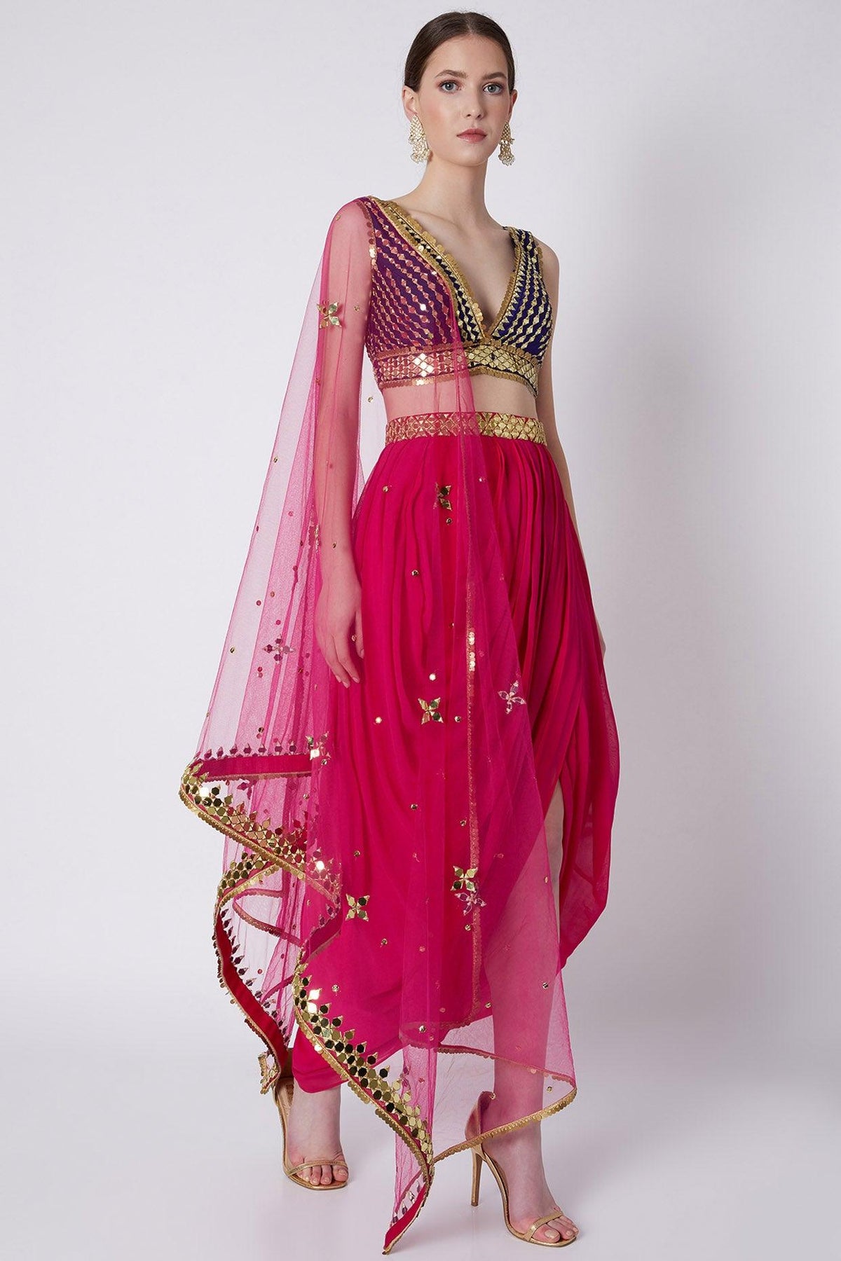 Fuchsia & Blue Embroidered Skirt Set - Preeti s kapoor