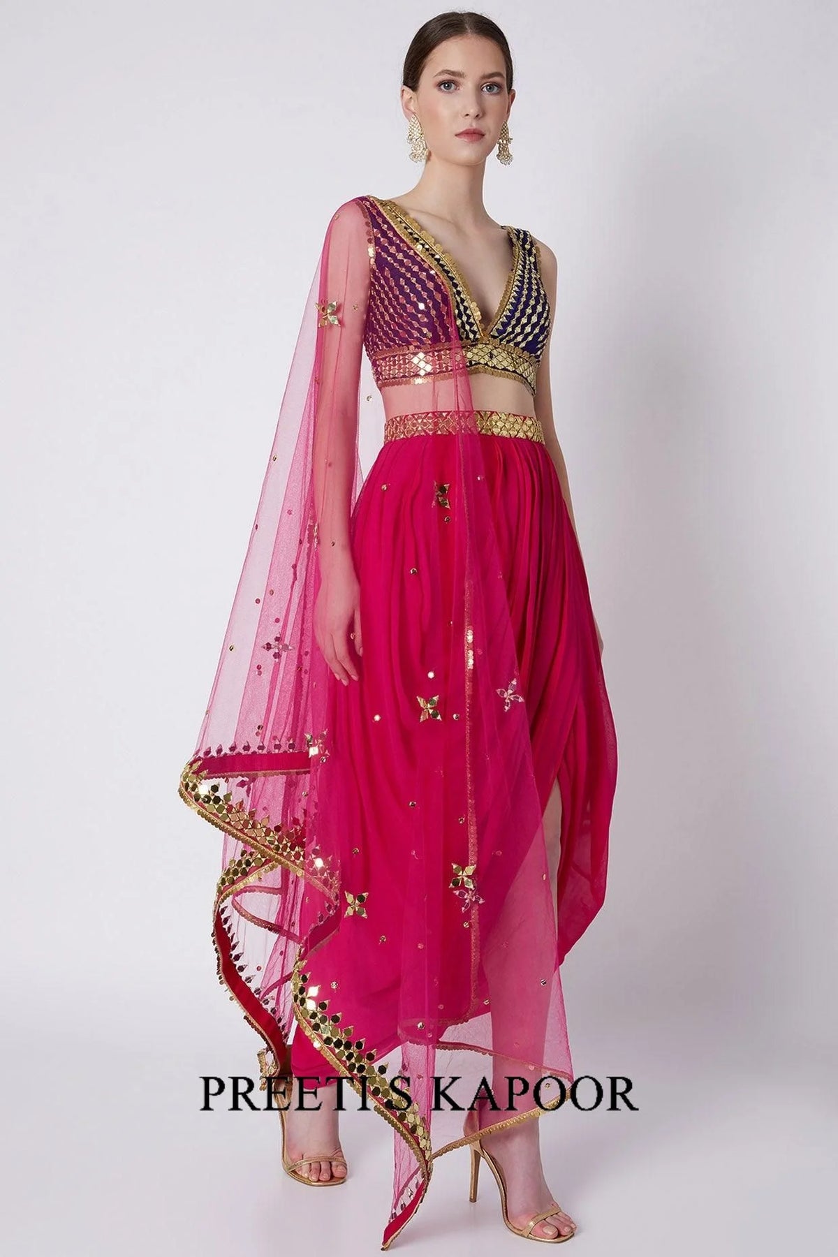 Fuchsia & Blue Embroidered Skirt Set - Preeti S Kapoor
