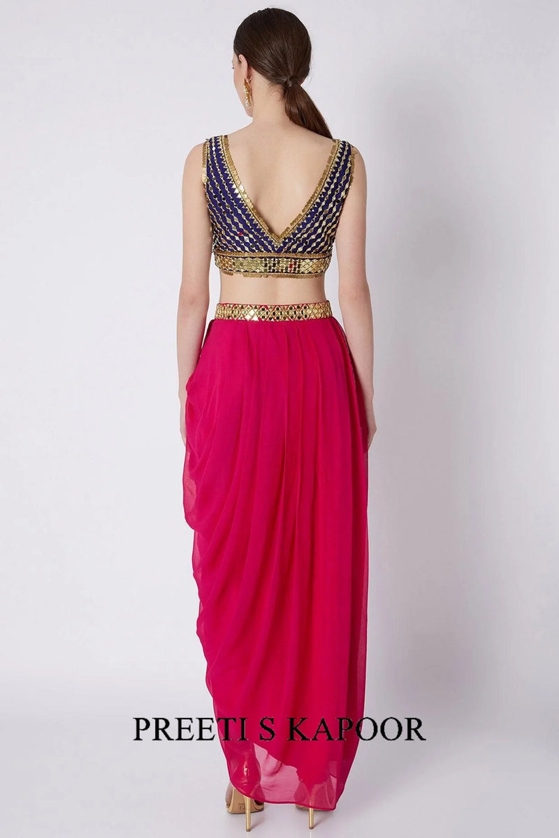 Fuchsia & Blue Embroidered Skirt Set - Preeti S Kapoor