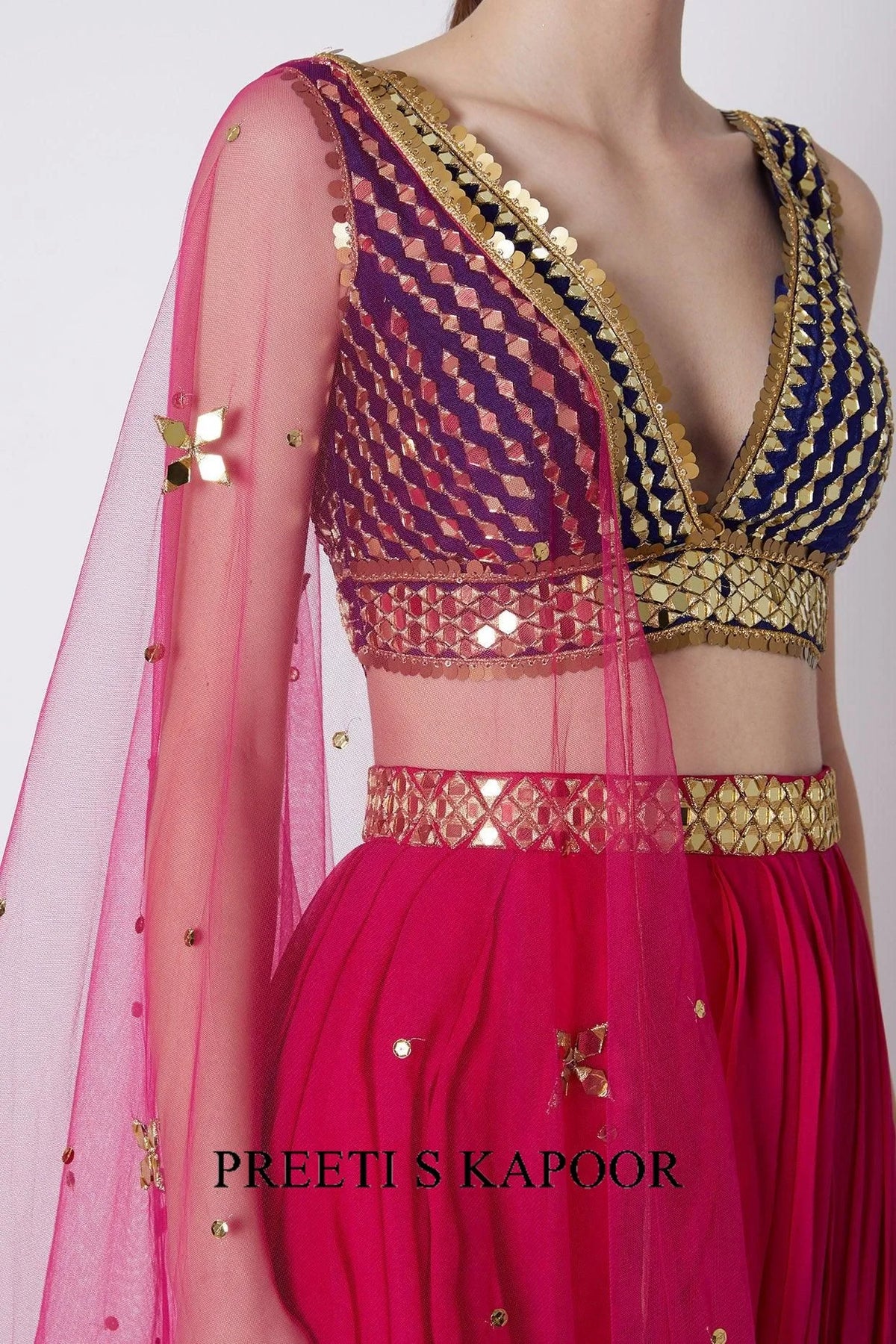 Fuchsia & Blue Embroidered Skirt Set - Preeti S Kapoor