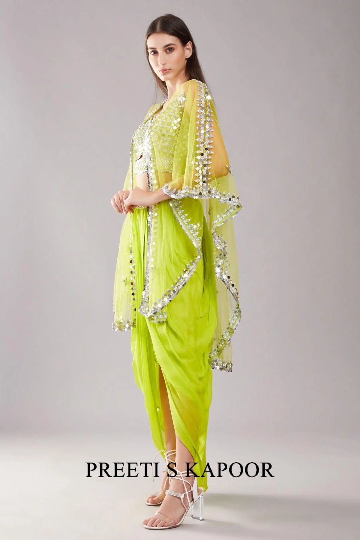 Lime Green Mirror Cape Set - Preeti S Kapoor