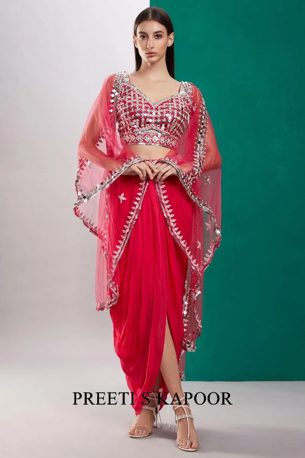 Fuchsia Pink Mirror Cape Set - Preeti S Kapoor