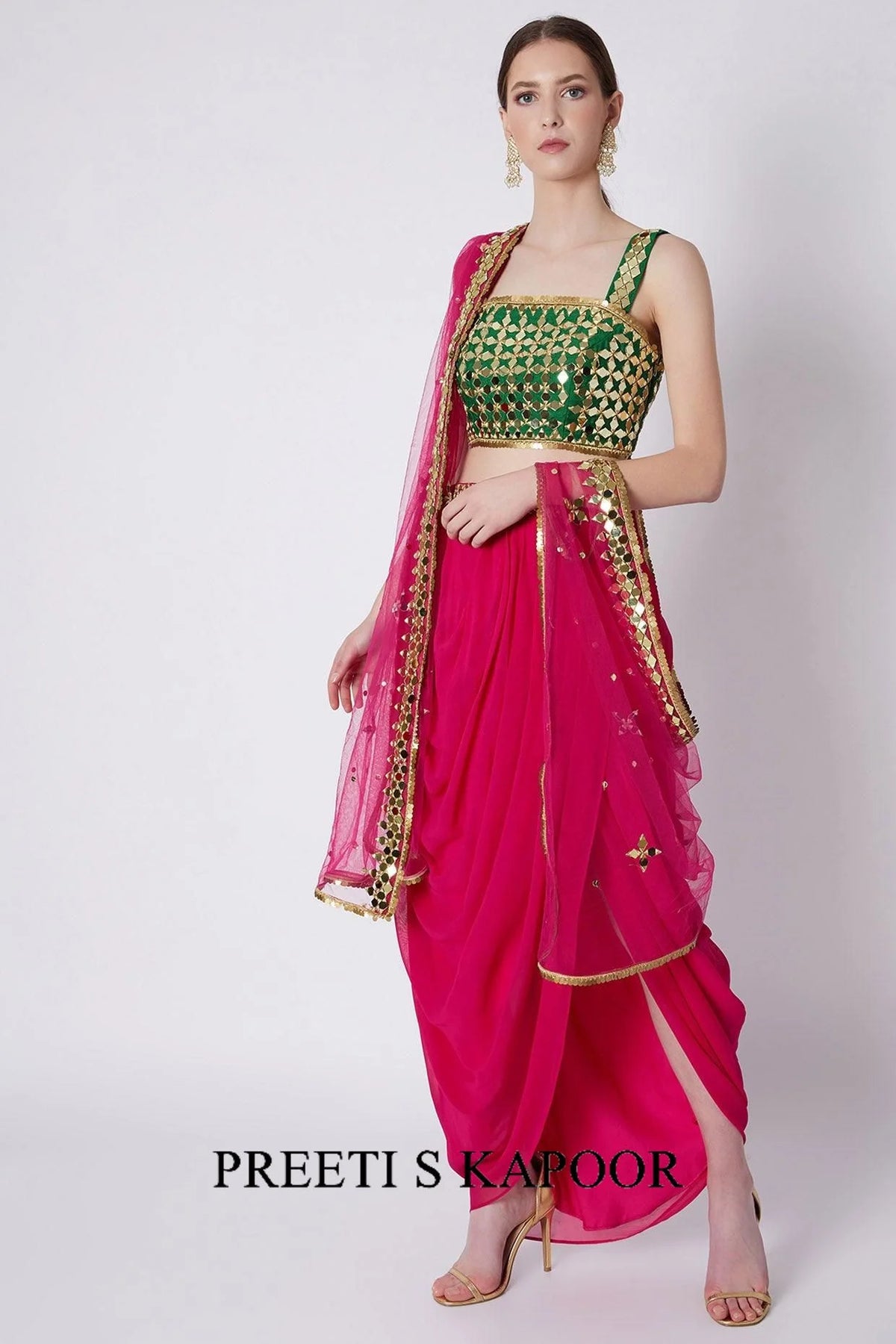 Fuchsia & Green Mirrors Embroidered Skirt Set - Preeti S Kapoor