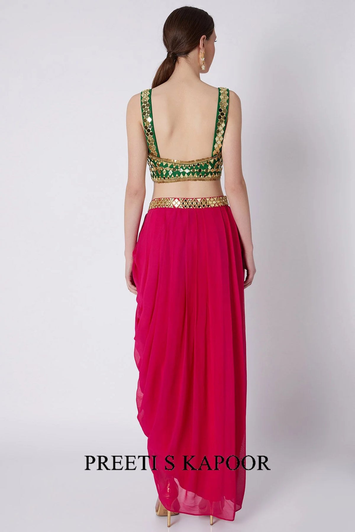 Fuchsia & Green Mirrors Embroidered Skirt Set - Preeti S Kapoor