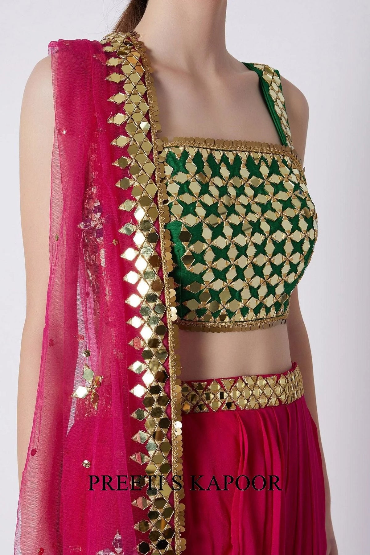 Fuchsia & Green Mirrors Embroidered Skirt Set - Preeti S Kapoor