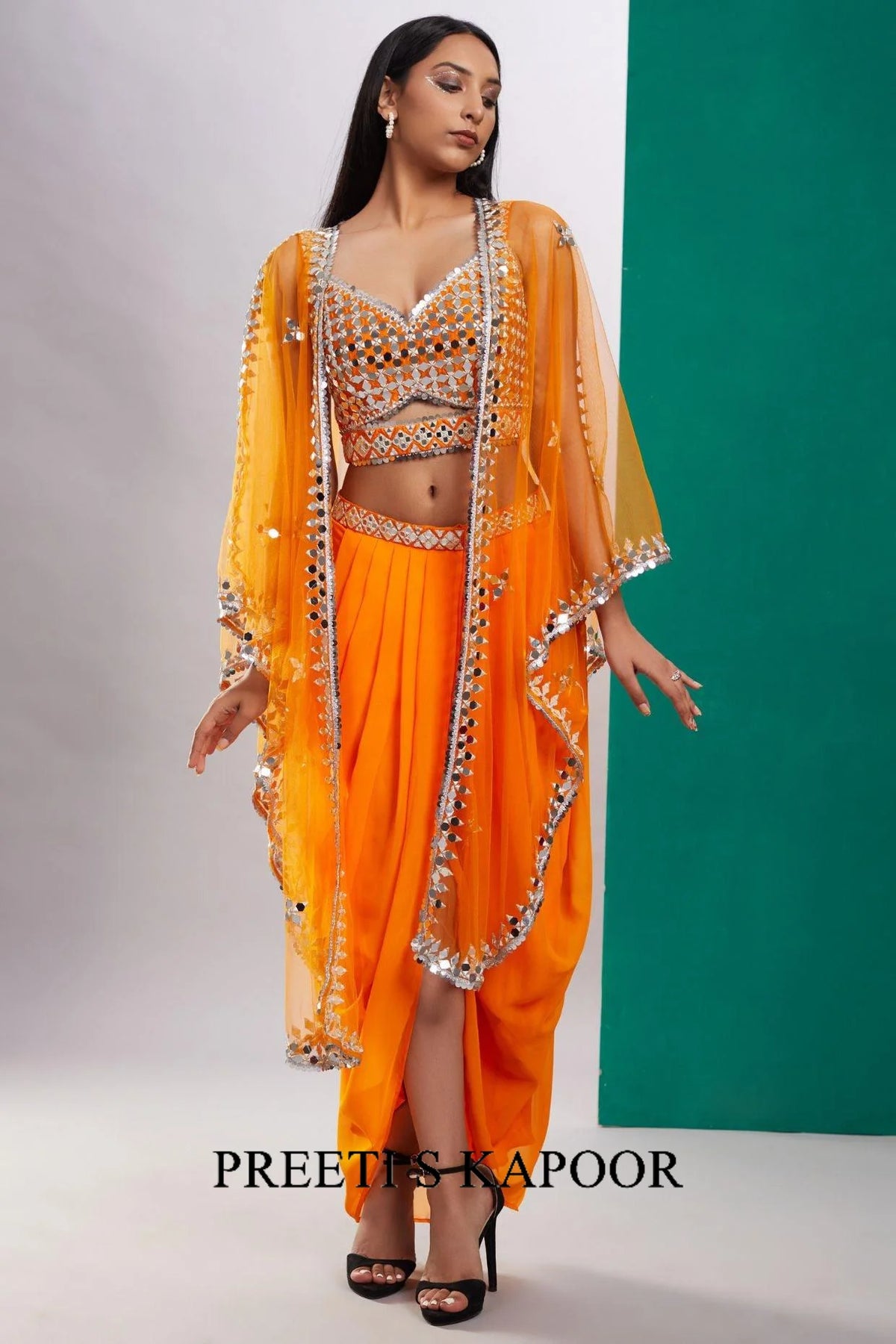 Orange Mirror Cape Set - Preeti S Kapoor