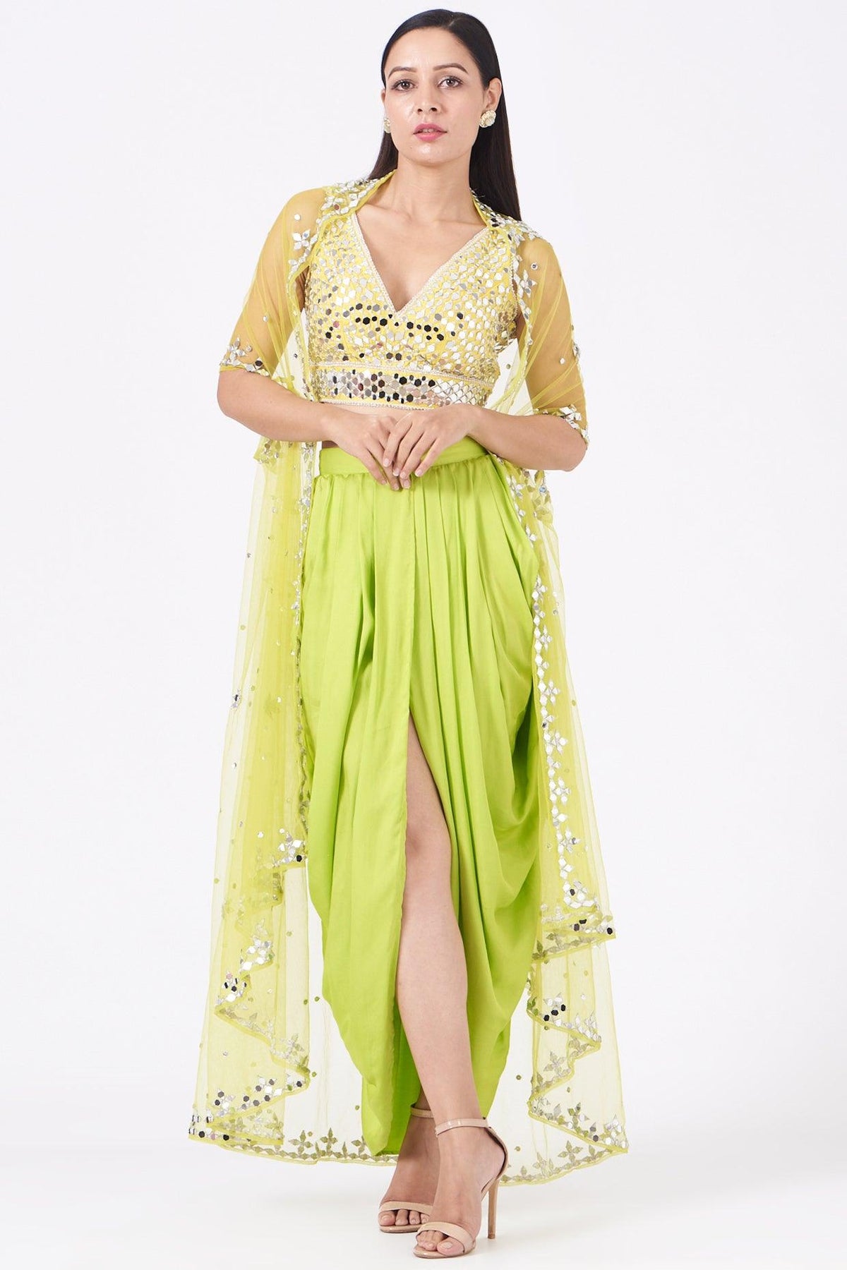 Lime Green Embroidered Dhoti Skirt Set - Preeti s kapoor